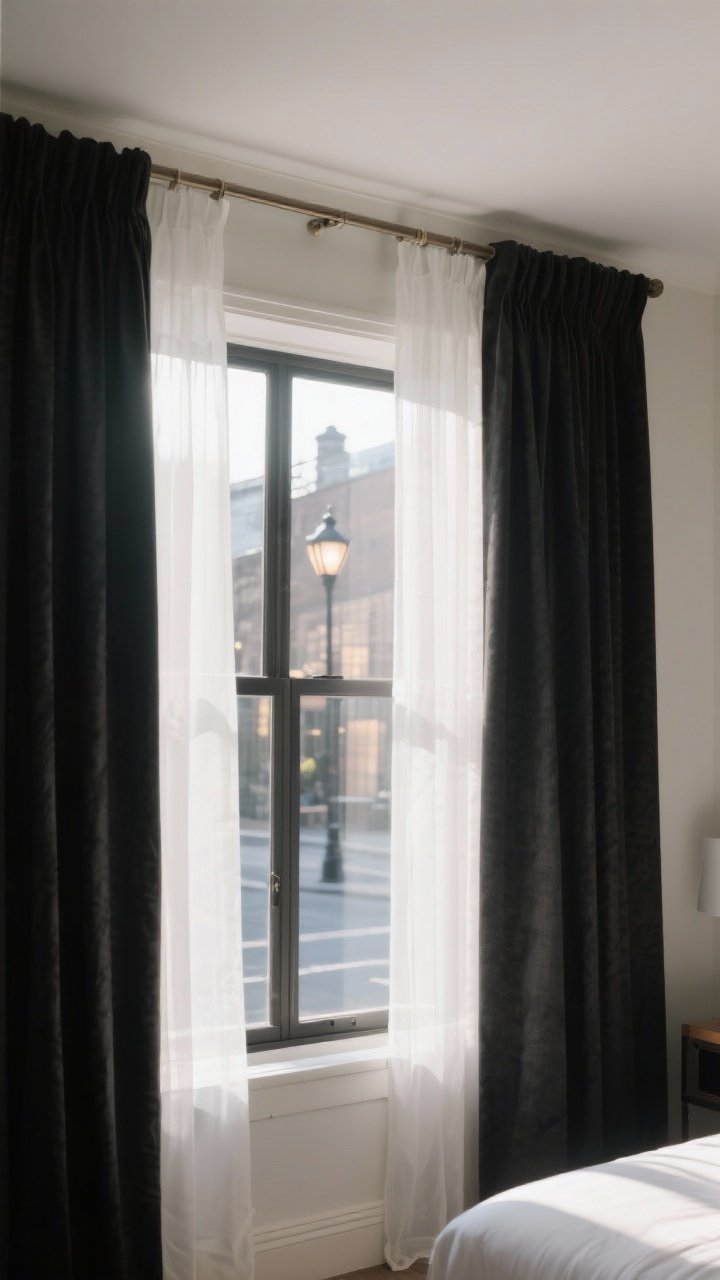 Wide window shot: Properly dressed guest room windows—blackout curtains in a heavier fabric paired with airy white sheers, rod mounted high and wide to elongate the window. Late afternoon light filtering through the sheers; the blackout layer slightly visible behind. If streetlights outside, suggest a lined curtain look with thicker drape folds, photorealistic.