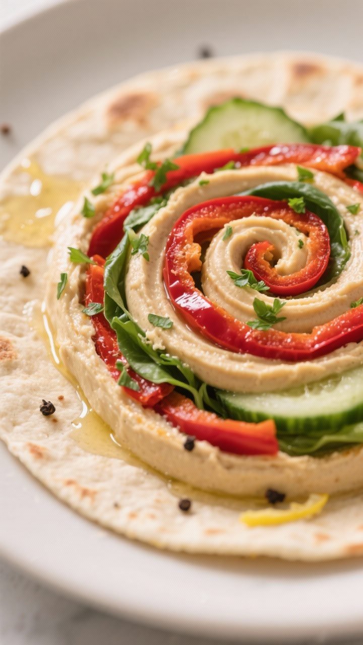 Close-up detail: A tight macro shot of a freshly sliced hummus and roasted red pepper pinwheel, show