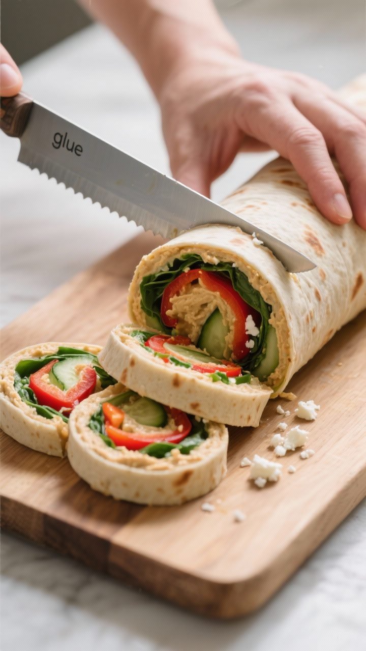 Cooking process: A chilled, tightly wrapped hummus-and-veggie tortilla log being sliced into 1-inch 