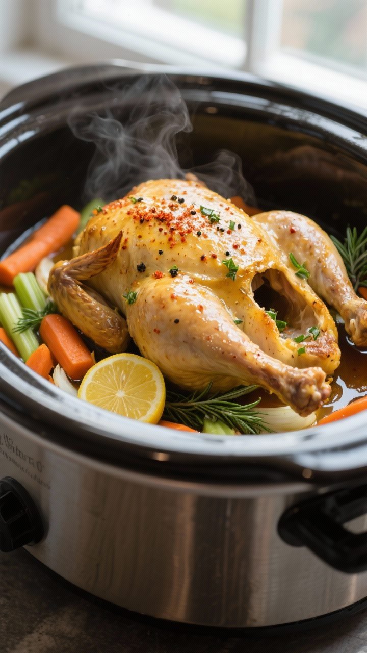 Cooking process close-up: Golden, herb-buttered whole chicken resting atop a bed of cooked carrots, 
