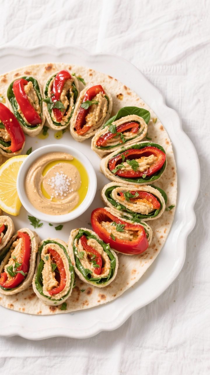 Tasty top view: Overhead shot of a party-ready platter of roasted red pepper and hummus pinwheels ar