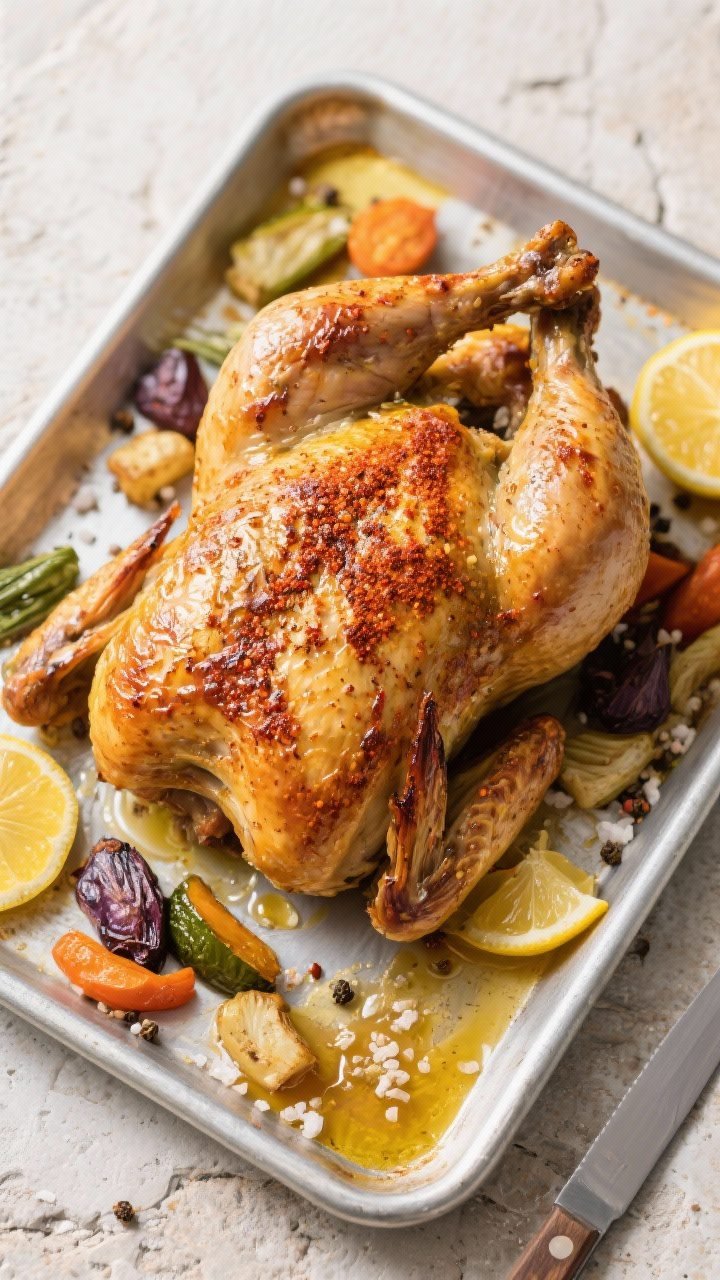 Tasty top-view serving scene: Overhead shot of the whole chicken post-broil on a rimmed sheet pan, d