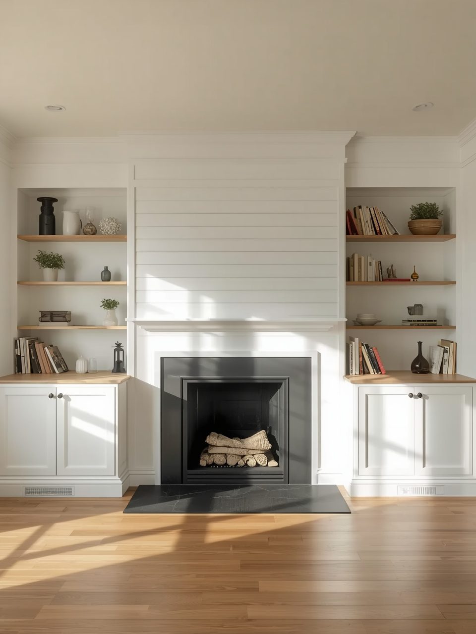 1. Classic White Shiplap Cabinets - 12 Fireplace Built-In Cabinet Ideas To Transform Your Living Space