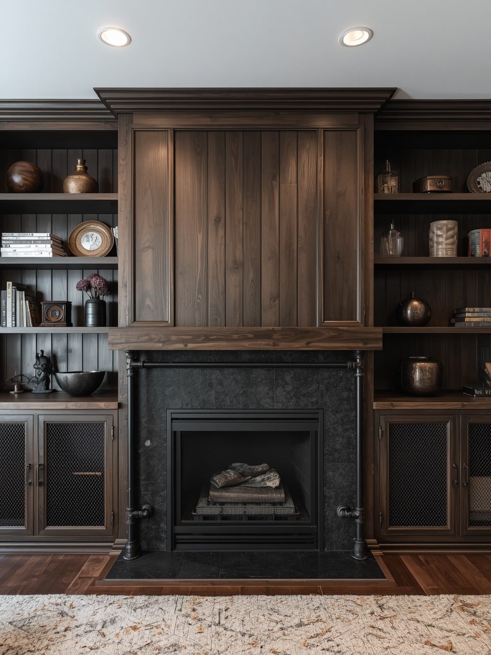 9. Industrial Pipe Accents - 12 Fireplace Built-In Cabinet Ideas To Transform Your Living Space