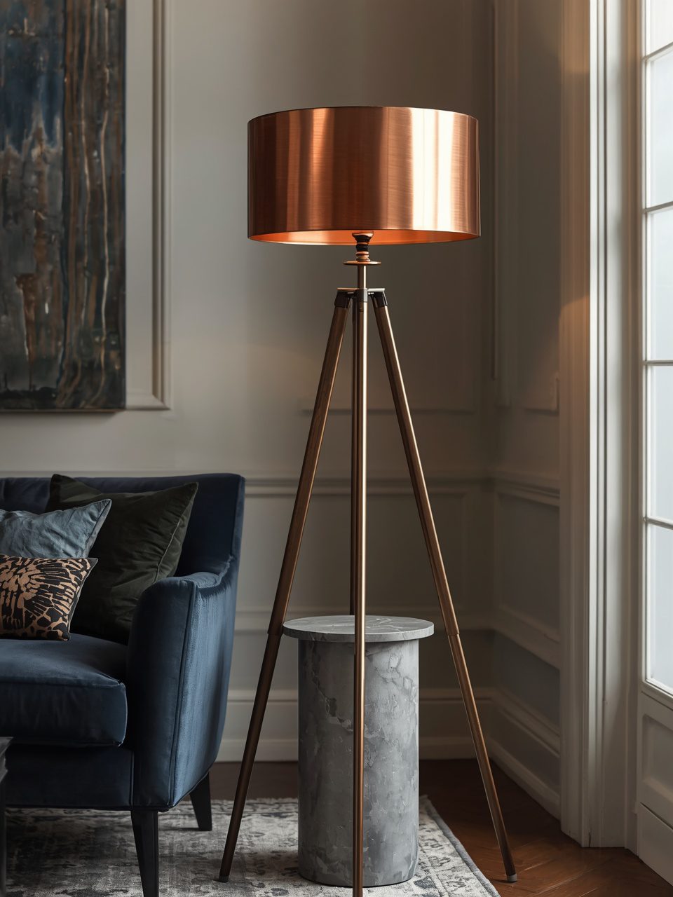 8. Tripod Lamp with Metallic Shade - 14 Living Room Floor Lamp Ideas to Brighten Up Your Space