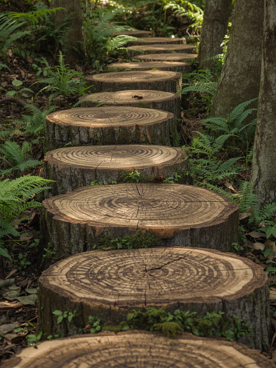 13. Stepping Logs Arrangement - 15 Magical Woodland Garden Path Ideas To Transform Your Outdoor Space